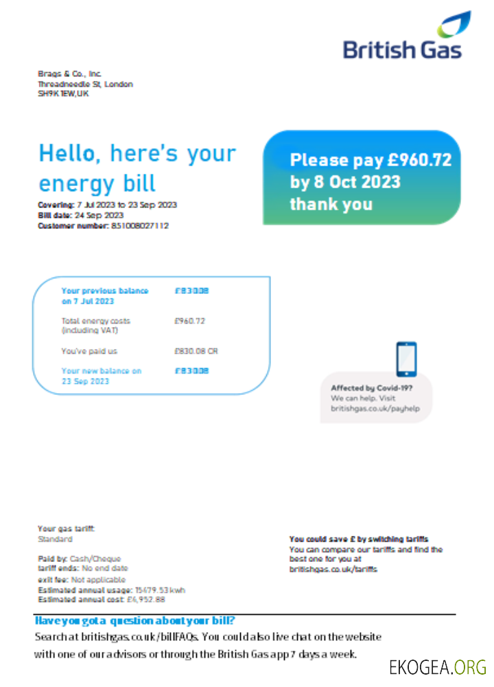 Facture commerciale du service public de British Gas Energy SCR page 1